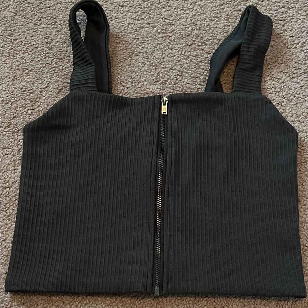 Aerie Dark Gray Ribbed Crop Top with Zipper